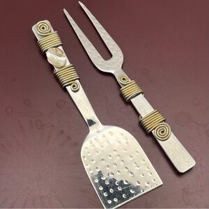 Artisan Hammered Metal Cheese Charcuterie Serving Set Wire Wrapped Shell Handle